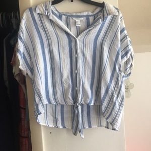 Gray yellow blue and white striped cropped top